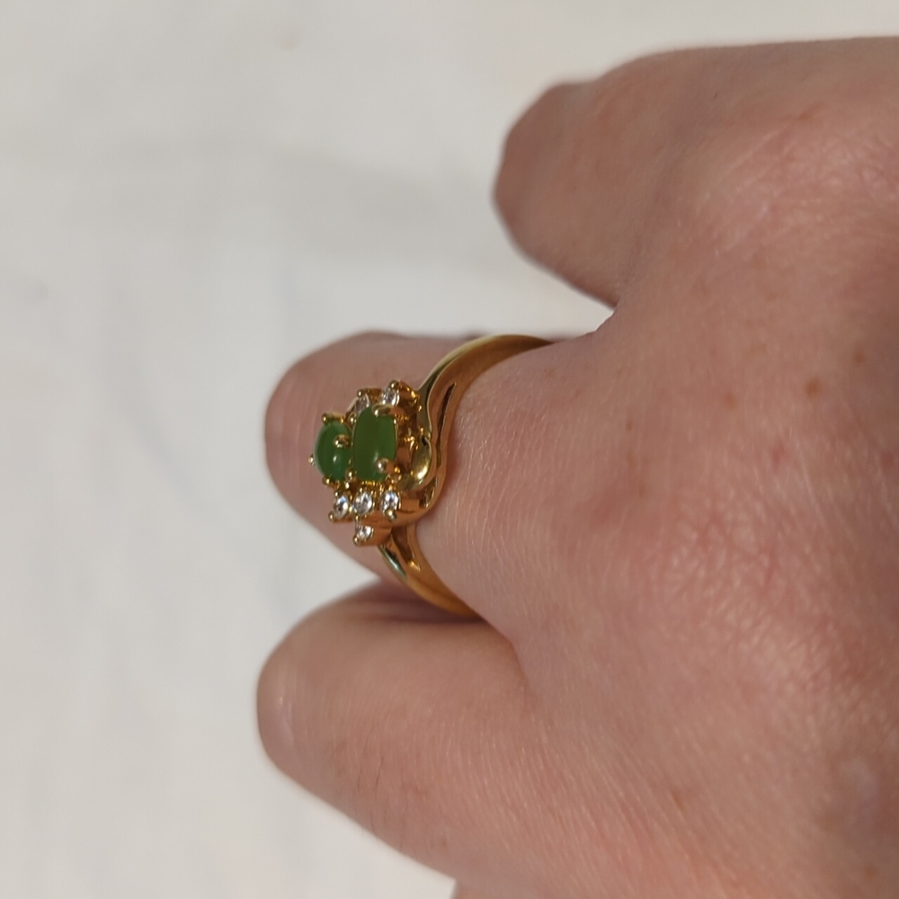 Matte Green Nephrite And CZ Gold Tone Ring - Sz 10.75 - Picture 5 of 10